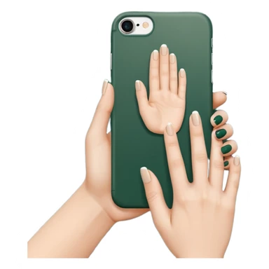 female hand with nude manicure (5 fingers) holding white iPhone in dark green case, back view, minimalism, emoji style sticker