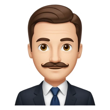Caucasian gentleman emoji, brown slicked back hair, black suit, navy tie, mustache, smiling sticker