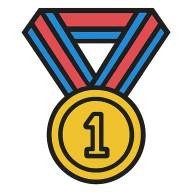 A gold medal with a ribbon sticker