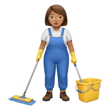 old and fat women, brown hair, Custodian with yellow rubber gloves, white T-shirt, blue overalls, mopping floor sticker