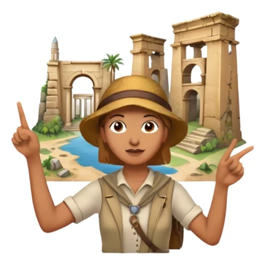 Icon for Documentary Film (TV style): A traveler pointing backward and narrating in front of ancient ruins. Include elements like historical landmarks, maps, and exploration tools to evoke a sense of adventure. Transparent background. sticker