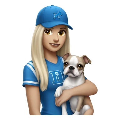 A blonde haired girl shoulder langth wearing a Detroit Lions hat and holding in her arms a gray and white Boston terrier sticker