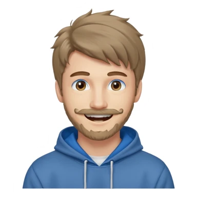 20 year old man, short scruffy beard and thin moustache, brown puffy mullet, blue eyes, big smile, white teeth, big lips, pronounced jaw, hair longer in back, sticking up on top, thin face, grey hooded sweatshirt, pale skin, big smile, blue eyes, puffy hair that is long in back sticker