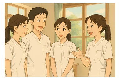 Scène Ghibli de quatre étudiants infirmiers en interaction, intérieur lumineux, uniformes blancs à manches courtes, tuniques col en V, poche poitrine à gauche, pas de pied de col, pas de stéthoscopes, avant-bras nus, cheveux longs attachés pour celles qui en ont. D'après les quatre visages fournis. sticker