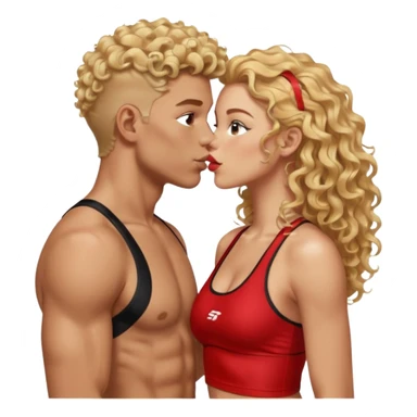 athletic man, high top fade, blonde curly hair only top only, no shirt and Athletic girl with long wavy red hair and black sports bra, Put them together kissing, or holding hands sticker