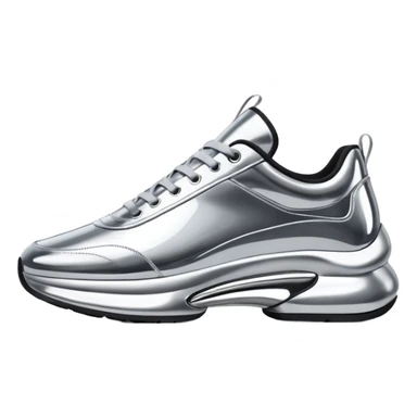A pair of futuristic sneakers emoji made of silver chrome, sleek streetwear design, smooth metallic panels, subtle reflections, luxury swag aesthetic, iOS emoji style, centered, clean white background sticker