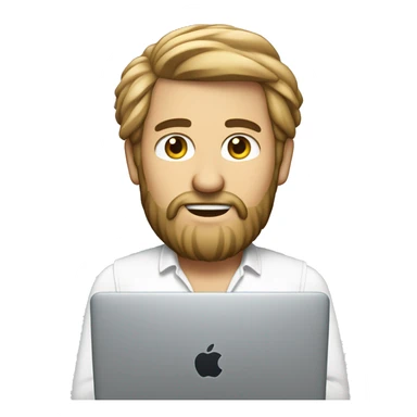 Un homme blanc avec une barbe de taille moyenne et des cheveux court qui travail sur un macbook sticker