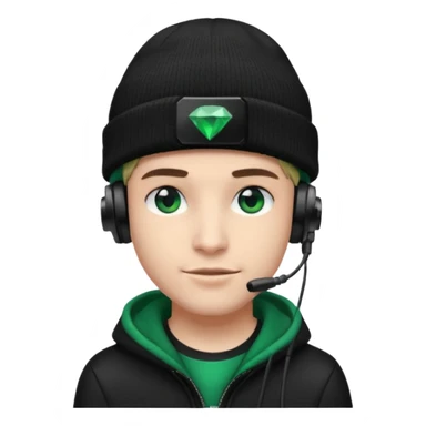 garcon avec un bonnet noir avec un emeraude dessus et un casque gaming moin bronzé sticker
