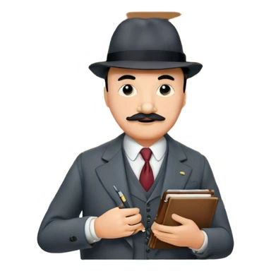 A cinematic-style frame showing Hercule Poirot in his iconic suit with a notebook in a dramatic detective pose. Background should be mysterious city, map, a board with photos of suspects, clues like fingerprints. Transparent background. sticker