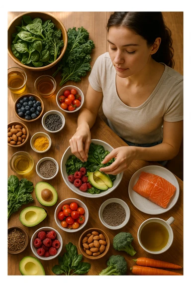 A realistic, cinematic flat-lay image of a clean wooden kitchen table filled with fresh, colorful whole foods known to help reduce androgen excess naturally. The table includes leafy greens like spinach and kale, avocados, berries, colorful vegetables, nuts, seeds (chia and flaxseeds), wild-caught salmon, and herbal teas, carefully arranged in an aesthetically pleasing, organized manner. A small glass bowl with olive oil and another with turmeric powder are included, emphasizing anti-inflammatory properties. In the scene, a young woman with clear, healthy skin and a calm expression is preparing a bowl with these ingredients, symbolizing a hormone-balancing diet. Warm, natural daylight streams in, creating a cozy and inviting atmosphere. The style is hyper-realistic 35mm photography, with vibrant yet soft colors, showcasing textures of the fresh produce and the peaceful vibe of using nutrition to support hormonal balance in italiano sticker