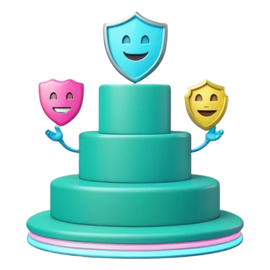 Minimalist 3D emoji-style podium with 2 steps on a green chroma key background. Step 1 (higher) features a handshake icon with blue neon glow. Step 2 (lower) features a smiling tooth with a shield icon and pink neon glow. Clean rendering, soft colors, uniform lighting sticker