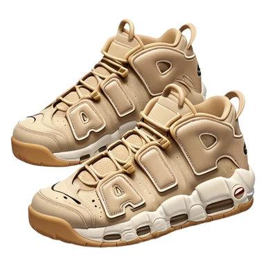 Clean iOS-style emoji of a pair of beige Nike Air More Uptempo sneakers, with left and right shoes arranged with one slightly behind the other, simple minimal design with subtle shadows sticker