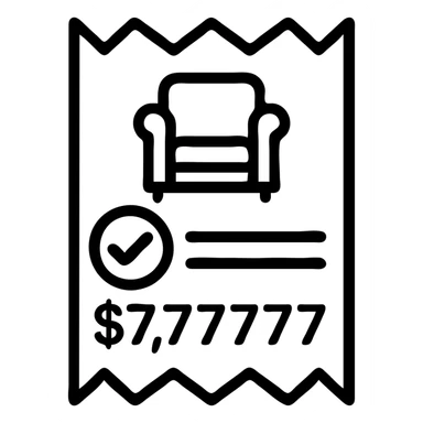 a paper receipt for furniture with a checkmark and $7,777,777, minimal outline style sticker