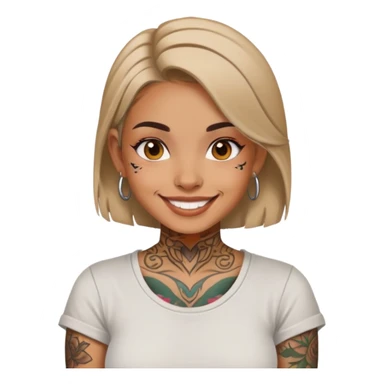 girl with face tattoos, smiling, wearing a shirt sticker
