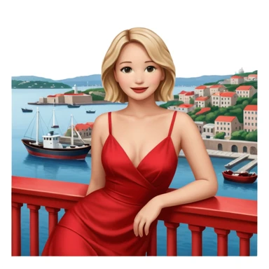 jennifer lawrence, red dress leaning on a balcony with a harbor and cityscape in the background, smiling, closeup sticker