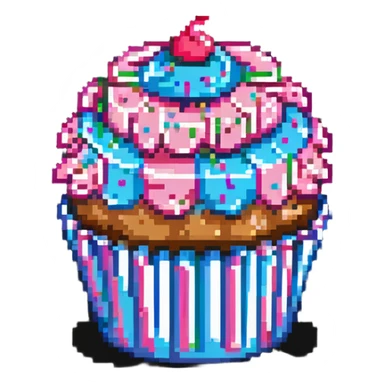 giant cupcake with pink icing and colorful sprinkles, striped cupcake wrapper, pixel art style sticker
