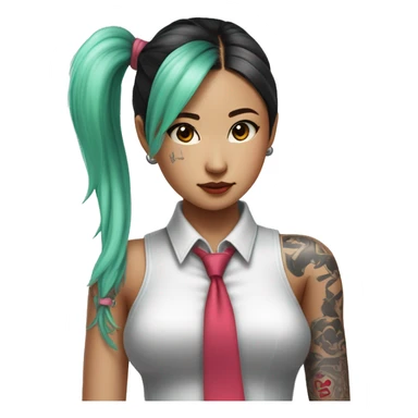 An Asian girl with long mint colored twin ponytail wearing a sleeveless silver shirt, a mint colored tie, and a black flared arm sleeve with a red 01 tattoo on her left arm has a pink square with a black border running through each ponytail sticker