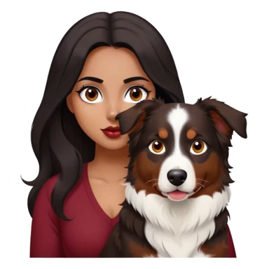 One latina girl with long beautiful dark hair and dark eyes in a dark red v neck and makeup with her black tri colored  Australian shepherd large sticker