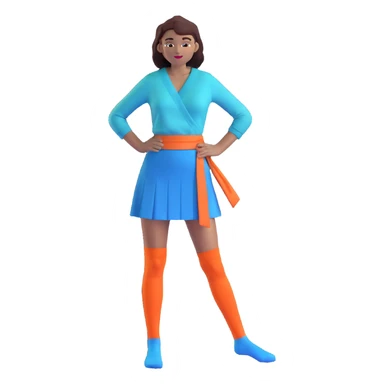 woman wearing teal wrap shirt, blue a-line skirt, light blue knee-high socks sticker