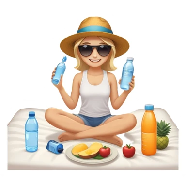 A person in the sun, with a plate of whole foods, water bottle, and glowing bed behind them. Nearby, smiling friends gather—symbolizing balance, healing, and connection through simple daily rituals. sticker
