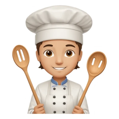 modern chef Alxcooks with white toque, apron, friendly smile, holding a cooking utensil sticker