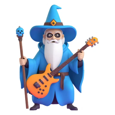 wizard with electric guitar staff, heavy metal, skull decorations sticker