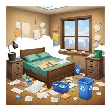dirty room with papers and trash sticker