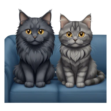 Portrait of a black smoke Maine Coon cat with long grey ear tufts, alongside a British Shorthair cat with a solid blue coat on sofa. Both cats with detailed fur textures and playful expressions. Soft, elegant background of room with warm, natural tones. Transparent background. sticker