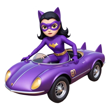  proportionally correct, real-appearance racing adult BatGirl’s feminine midnight-purple tight outfit sixty’s tv show 2032 stealth retro cat burglar sporty petite off-road pursuit floating black hover car with rose gold accents (black hair,reclined and relaxed seating position and attitude) sticker