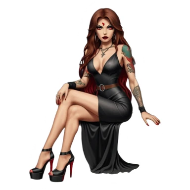 Lilith symbol red eye seductress evil long brown haired sexy succubus woman with leather long dress with slit, sitting in Big Large F350 pickup truck. Black Platform high heels on feet. Tattoo sleeve arms, seat full of stacks of cash, and a man dead human skull of her enemies and a gun in other hand sticker