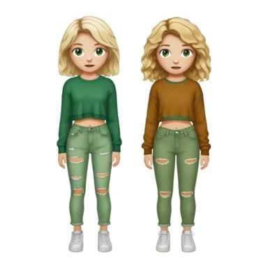 Two girls, both white, one with short wavy blonde hair and green eyes, dressed in punk Y2K fashion and the other with long wavy brown hair, brown eyes, freckles; and cozy green clothes  sticker