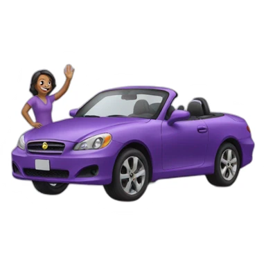 woman getting in a purple car while waving sticker