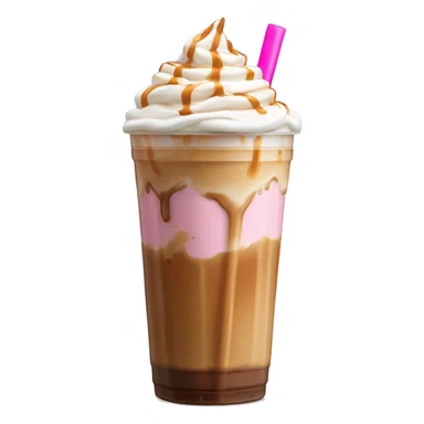 Caramel iced coffee with whipped cream and caramel drizzle with light pink straw sticker