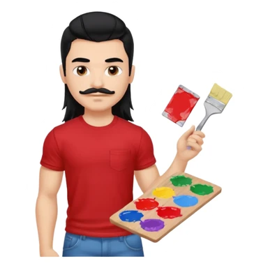 generate a pretty fair bratz boy with a long mullet (black hair), mustache, carrying a paint palette in hand and wearing a red tshirt. Lean but biceps sticker