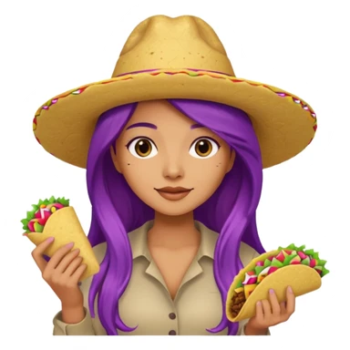 woman holding taco with purple long hair and hat on head  sticker