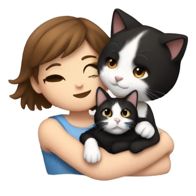 Girl with short brown hair cuddling with black and white cat sticker