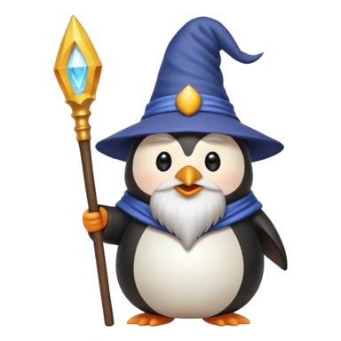 chubby penguin wizard with long white beard holding staff, emoji style sticker
