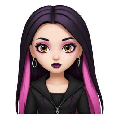 goth bratz baddie, beautiful brown eyes, gothic black makeup, long straight black-pink hair, black gothic hair styled, black goth clothes sticker