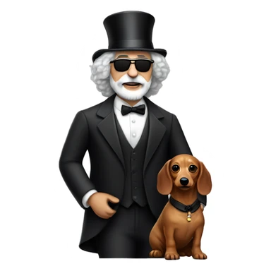 Jerry garcia with a daschund that is dressed in a tuxedo with a tophat sticker