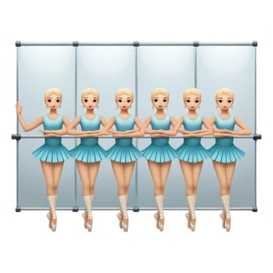 Icon for Choreography: a group of dancers in identical poses, standing by a wall with all wall long mirror, holding a long barre with one hand. The icon should capture the discipline and synchronized movement of dance training. Transparent background. sticker