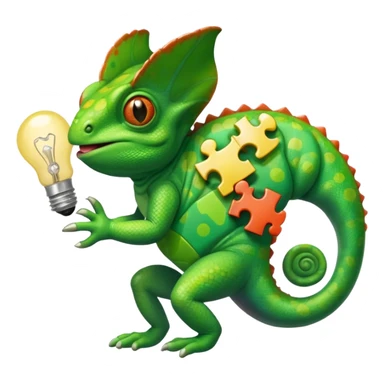 cameleon qui tien une piece de puzzle dans une main et une ampoule dans l'autre et un cerveau sur la langue sticker