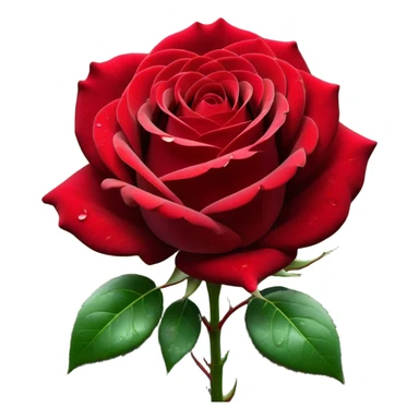 Cinematic Realistic Rose Emoji, Elegant and full of grace, with velvety, deep red petals unfurling in a perfect bloom, dew drops glistening on the soft edges, and a faint fragrance hanging in the air. The lush green leaves surround the stem, creating a vibrant contrast to the rich color of the petals. Soft glowing outline, capturing the essence of timeless beauty and romance in a single bloom. sticker