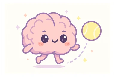 a brain bouncing a tennis ball, cute kawaii style sticker