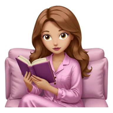 Woman with light tanned skin reading a book on Beige sofa. Long wavy medium brown hair. Beige ivory colour background. Very pale pink silk pyjamas. Realistic. Foxeye with long lashes. Pinky mauve lips. sticker