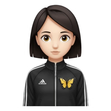 A girl with  medium length, dark hair, fair skin. The style is a butterfly  cut and wore black Adidas track jacket with white stripes on the sleeves. It has a full zipper down the front, a stand-up collar, and the Adidas logo on the right chest emoji sticker