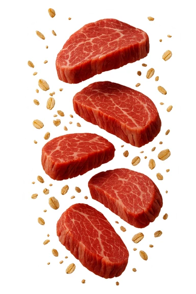 FETTINE DI CARNE FLUTTUANO IN ARIA INSIEME A FIOCCHI DI AVENA, IPERREALISTICO 4K sticker