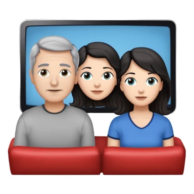 middle-aged couple Watches a movie in the living room • Physical description: • man: brown eyes; very short grayish-black hair • woman: Long wavy silver grayish-brown hair tied in a ponytail; blue eyes sticker