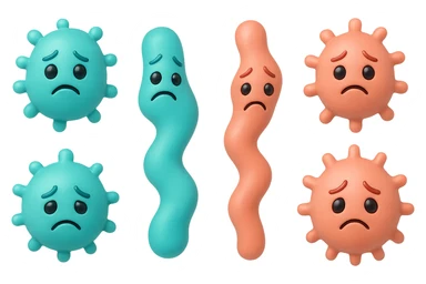 EMOJI STILE IPHONE DI 3 BATTERI INTESTINALI di forme diverse turchesi tristi e 3 batteri intestinali rosa salmone tristi CHE FLUTTUANO IN ARIA IPERREALISTICO 4K sticker