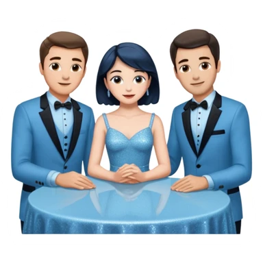 Sabrina’s carpenter in a light blue sparkly dress at a table with 3 handsome men facing each other and she is standing up putting her hand out  sticker