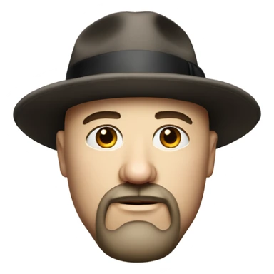 Photorealistic serious A plump bald man of Slavic appearance with a goatee beard and mustache, wearing a fedora hat sticker